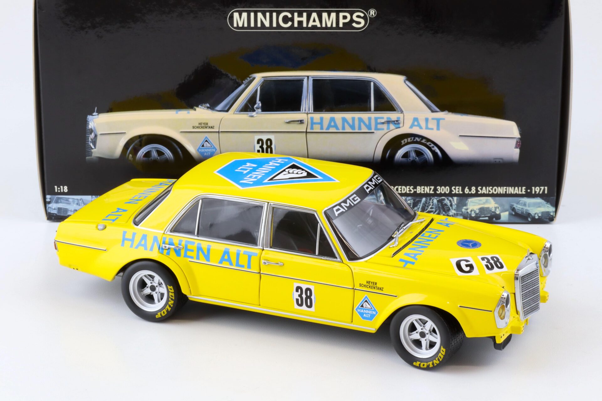 1:18 Minichamps Mercedes 300 SEL 6.8 Saisonfinale 1971 H.Heyer #38 Hannen Alt yellow