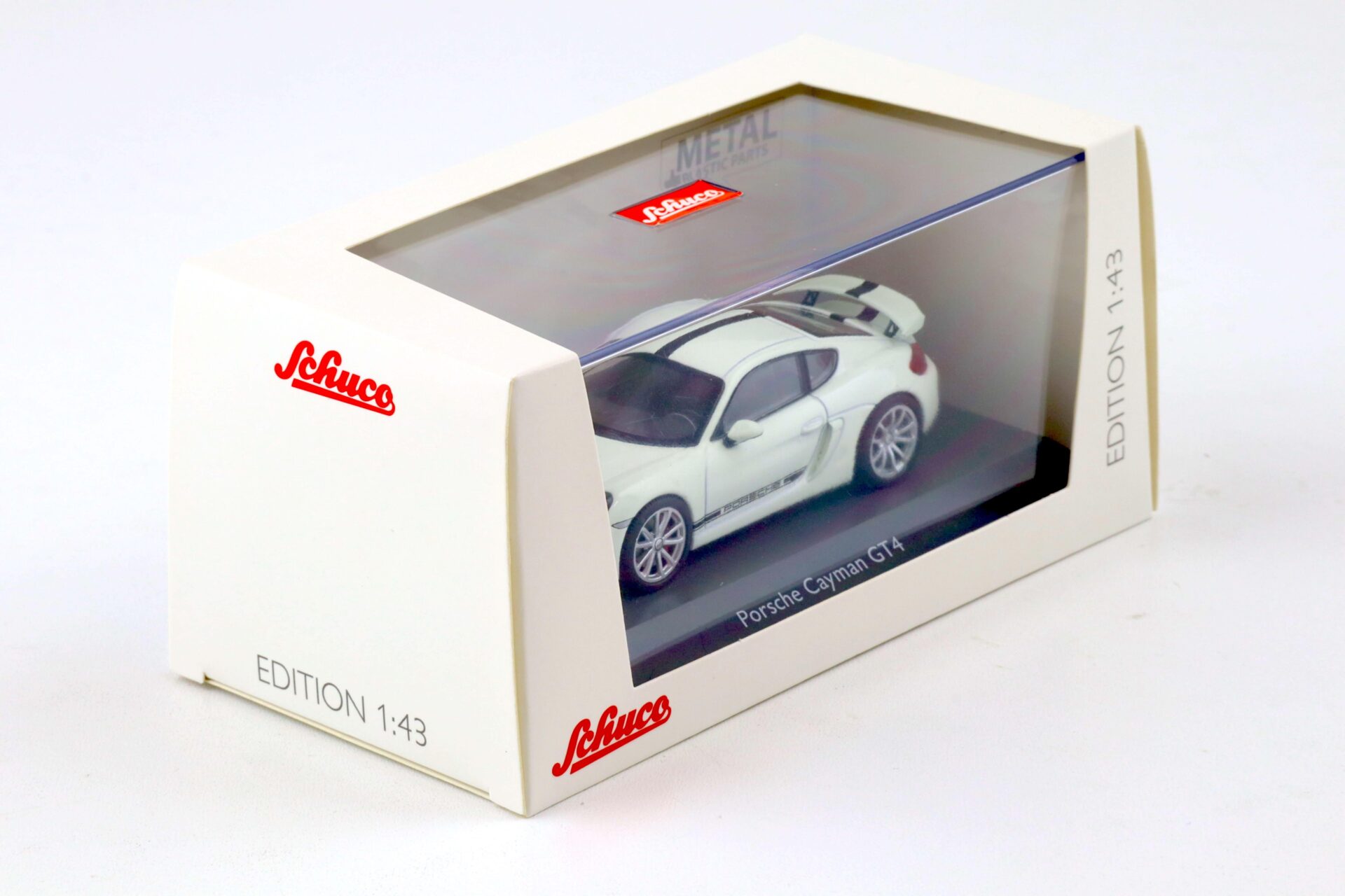 1:43 Schuco Porsche Cayman GT4 Coupe white/ black stripes