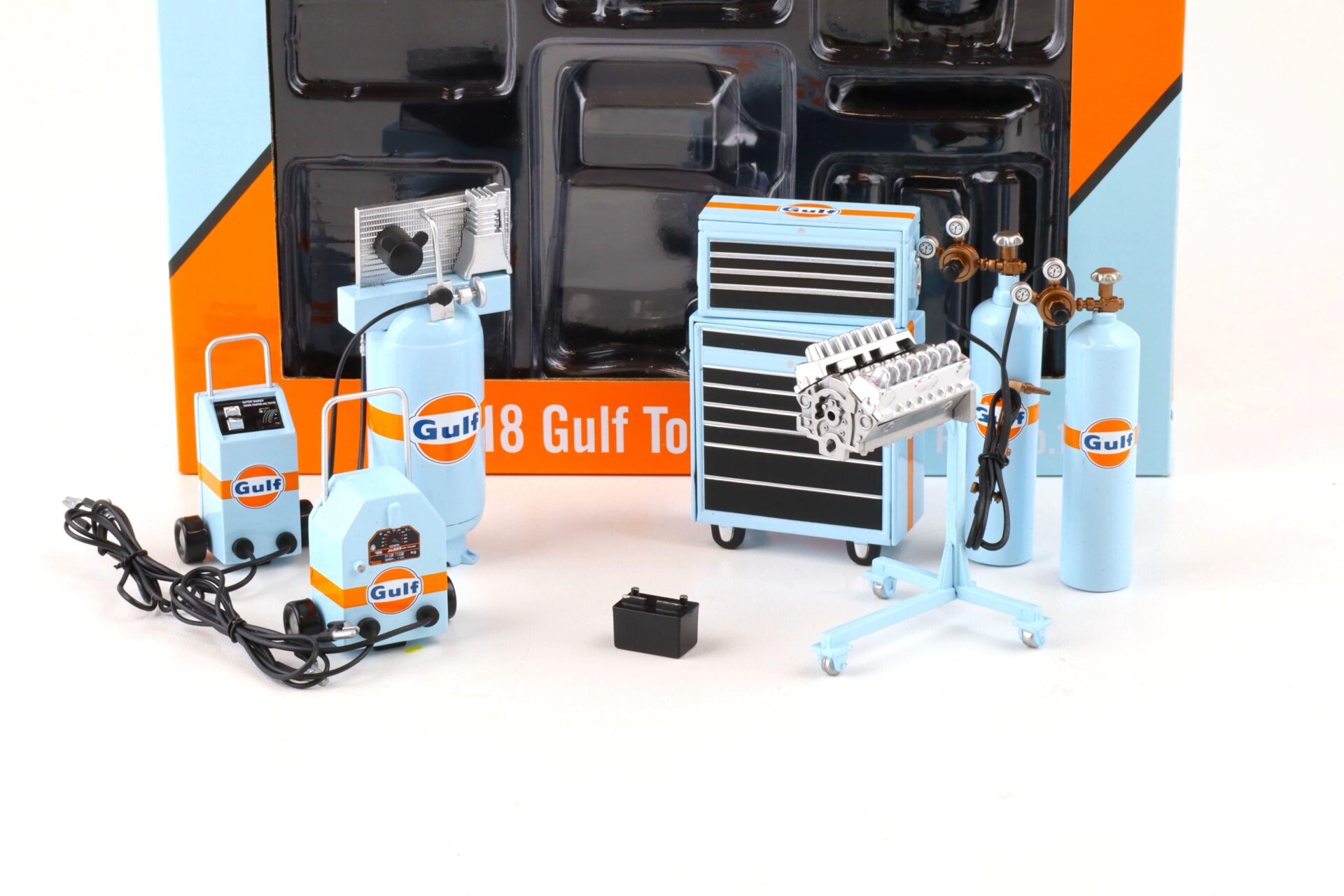1:18 GMP GULF Oil SHOP Tool Set #1 Diorama Zubehör blue/orange 18872