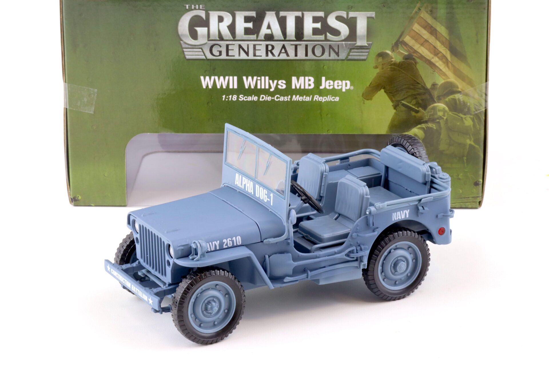 1:18 Auto World 1941 WWII Willys MB Jeep Alpha Dog-1 US Navy blue