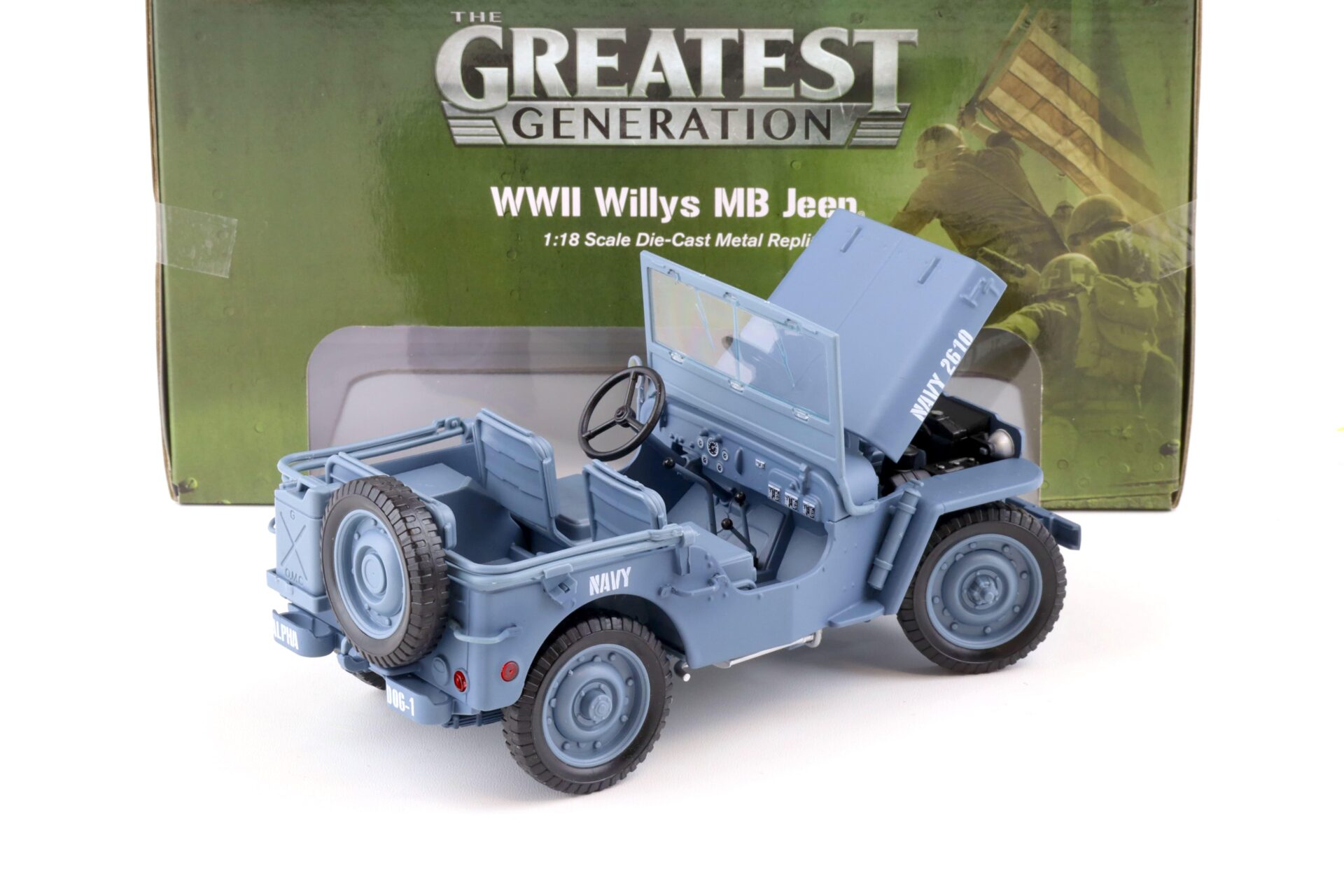 1:18 Auto World 1941 WWII Willys MB Jeep Alpha Dog-1 US Navy blue