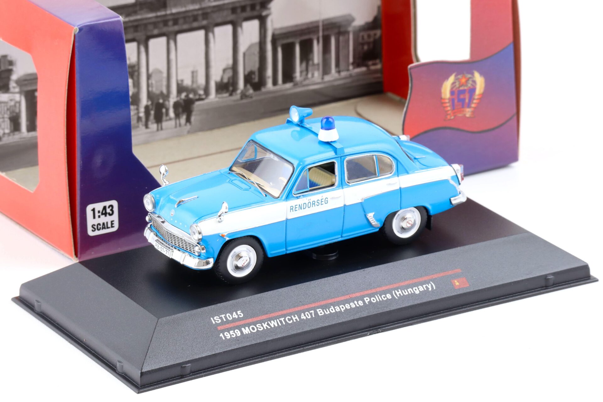 1:43 IST Models Moskwitch 407 Budapest Police Hungary 1959 blue/ white