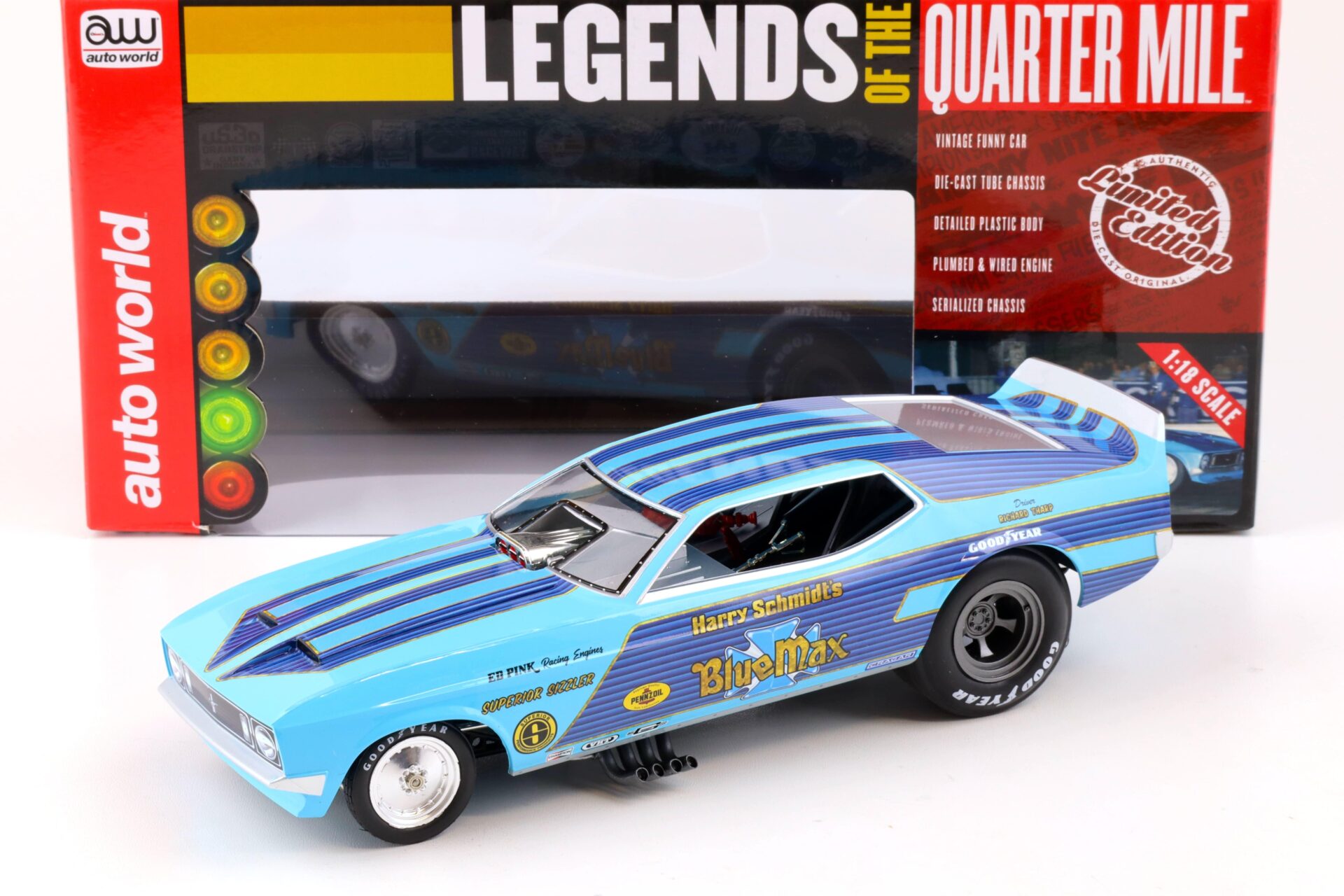 1:18 Auto World 1973 BLUE MAX Ford Mustang Funny Car LOTQM Harry Schmidt blue