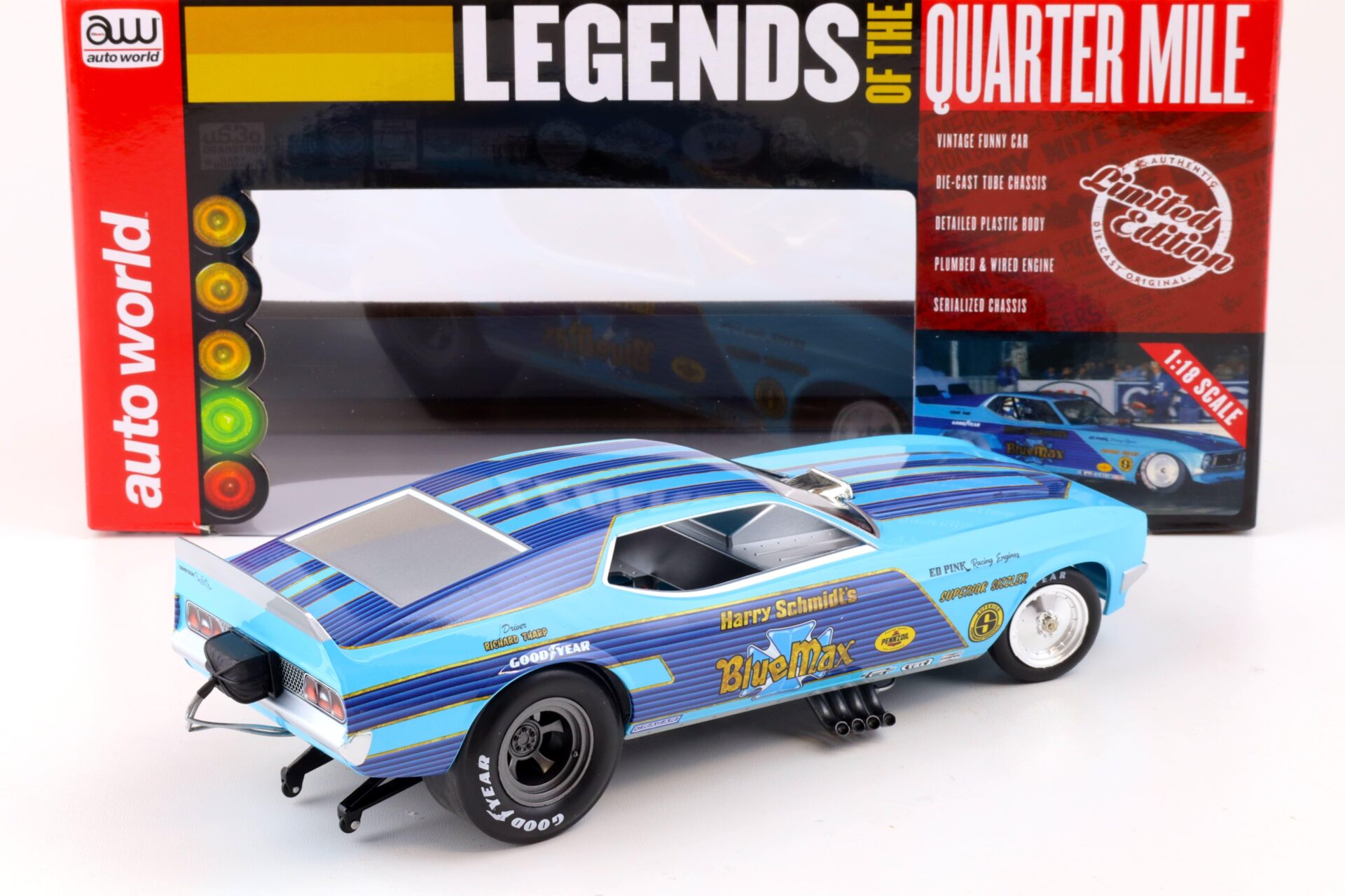 1:18 Auto World 1973 BLUE MAX Ford Mustang Funny Car LOTQM Harry Schmidt blue