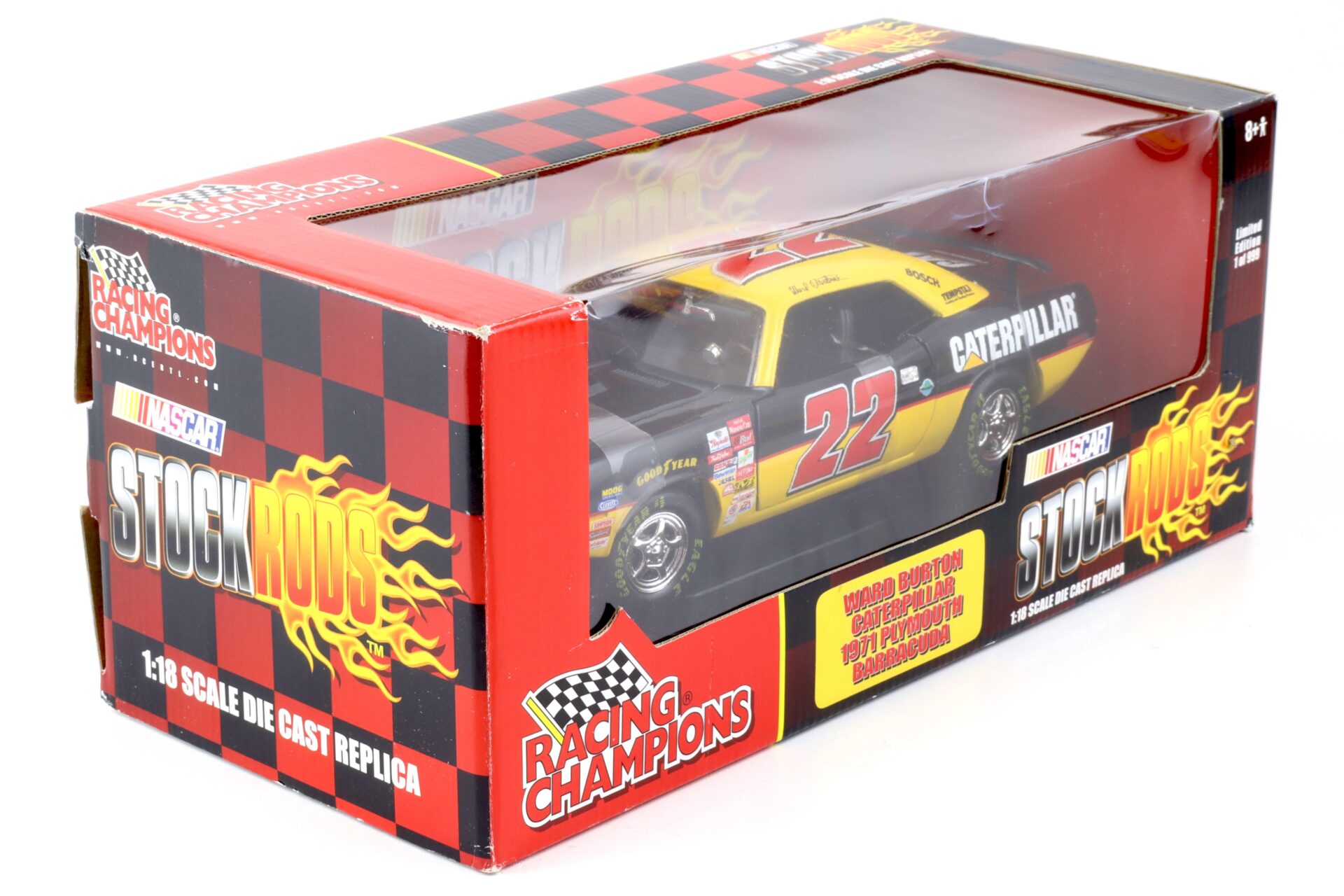 1:18 ERTL Ward Burton Caterpillar 1971 Plymouth Barracuda Stock Rods #22 black/ yellow