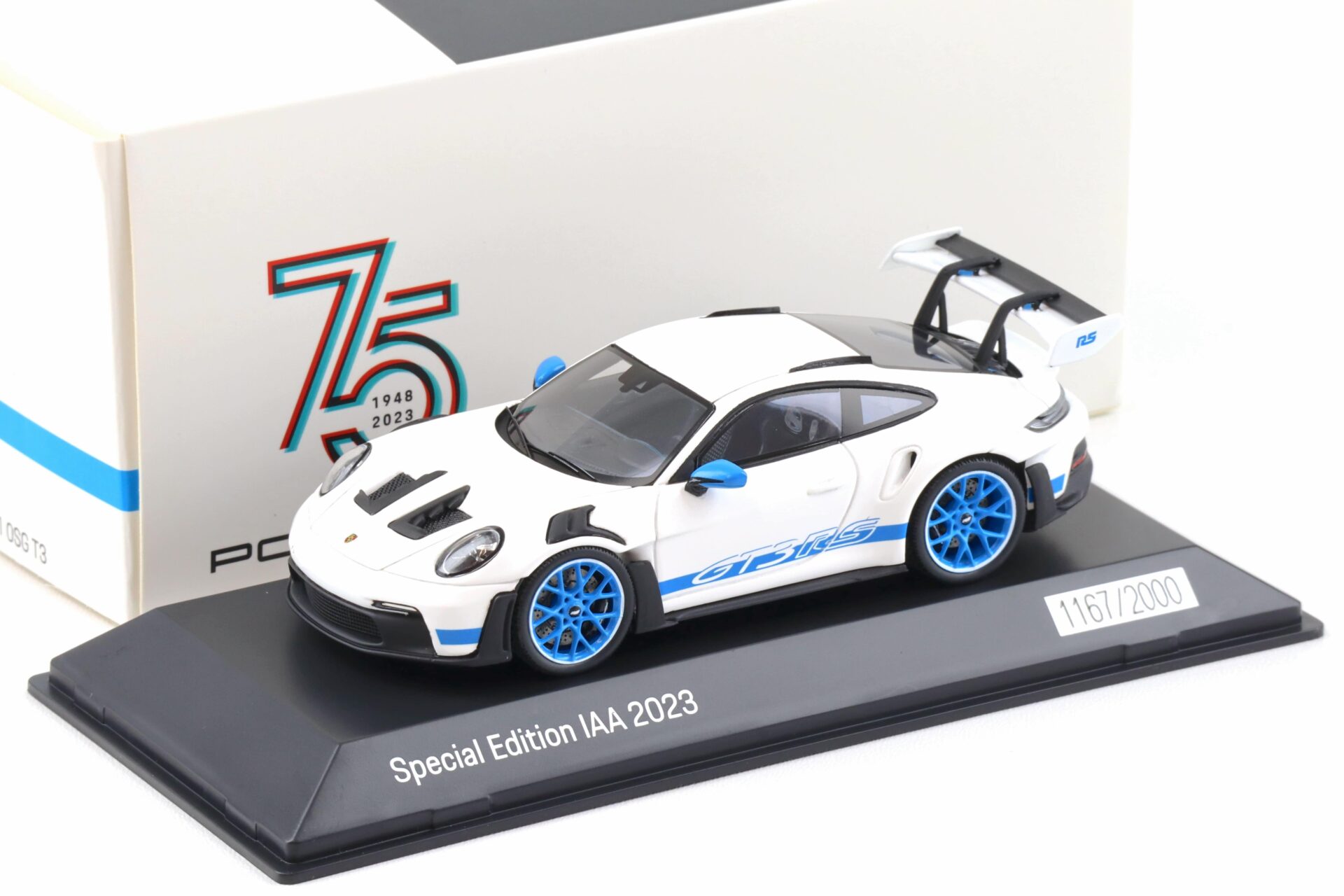 ID 89746 orig.jpg 1:43 Spark Porsche 911 (992) GT3 RS IAA 2023 white/blue Limited WAP DEALER