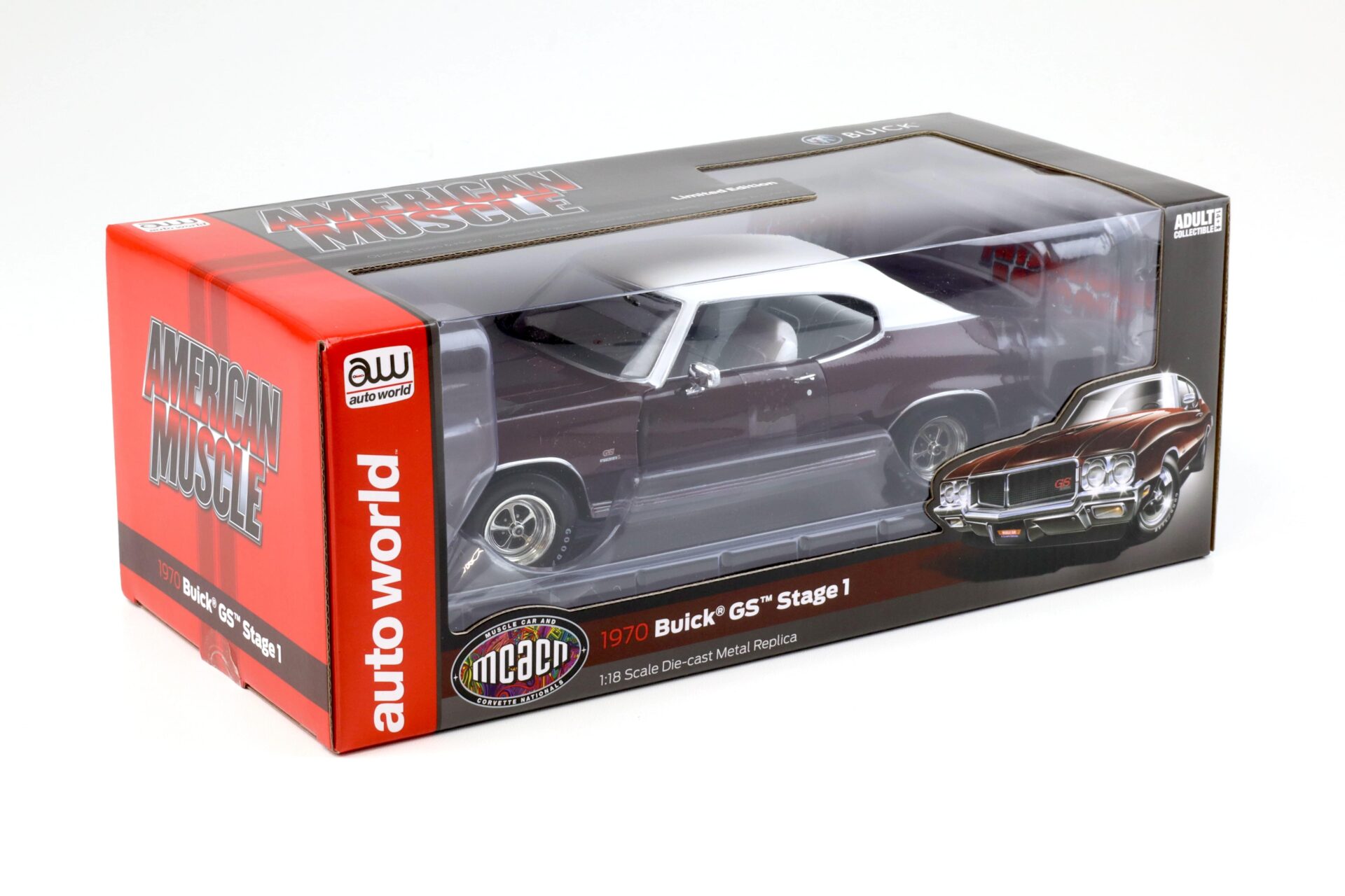 1:18 Auto World 1970 Buick GS Stage 1 MCACN Burgundy Mist/ white roof