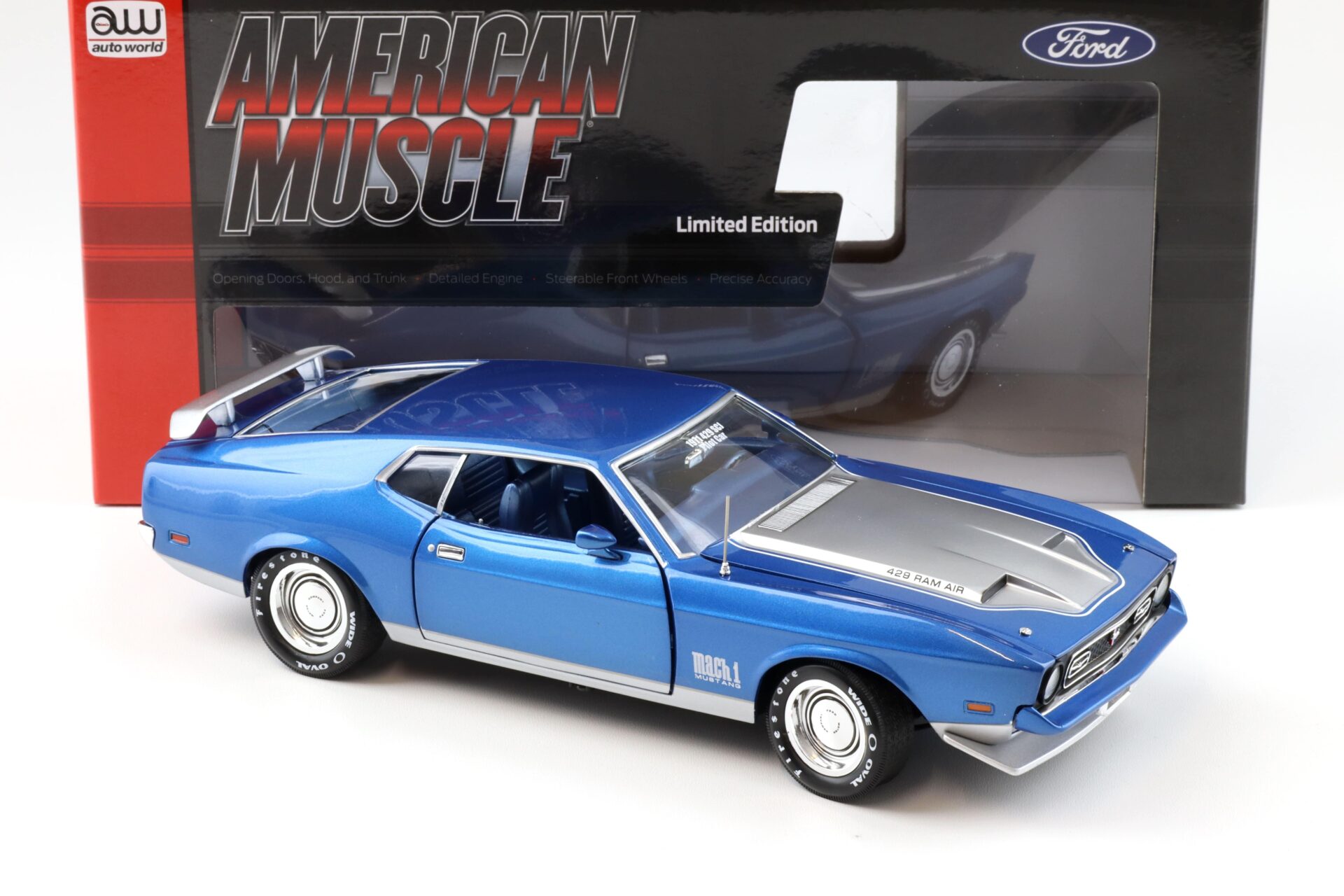 1:18 Auto World 1971 Ford Mustang Mach 1 MCACN Code Q Med Blue