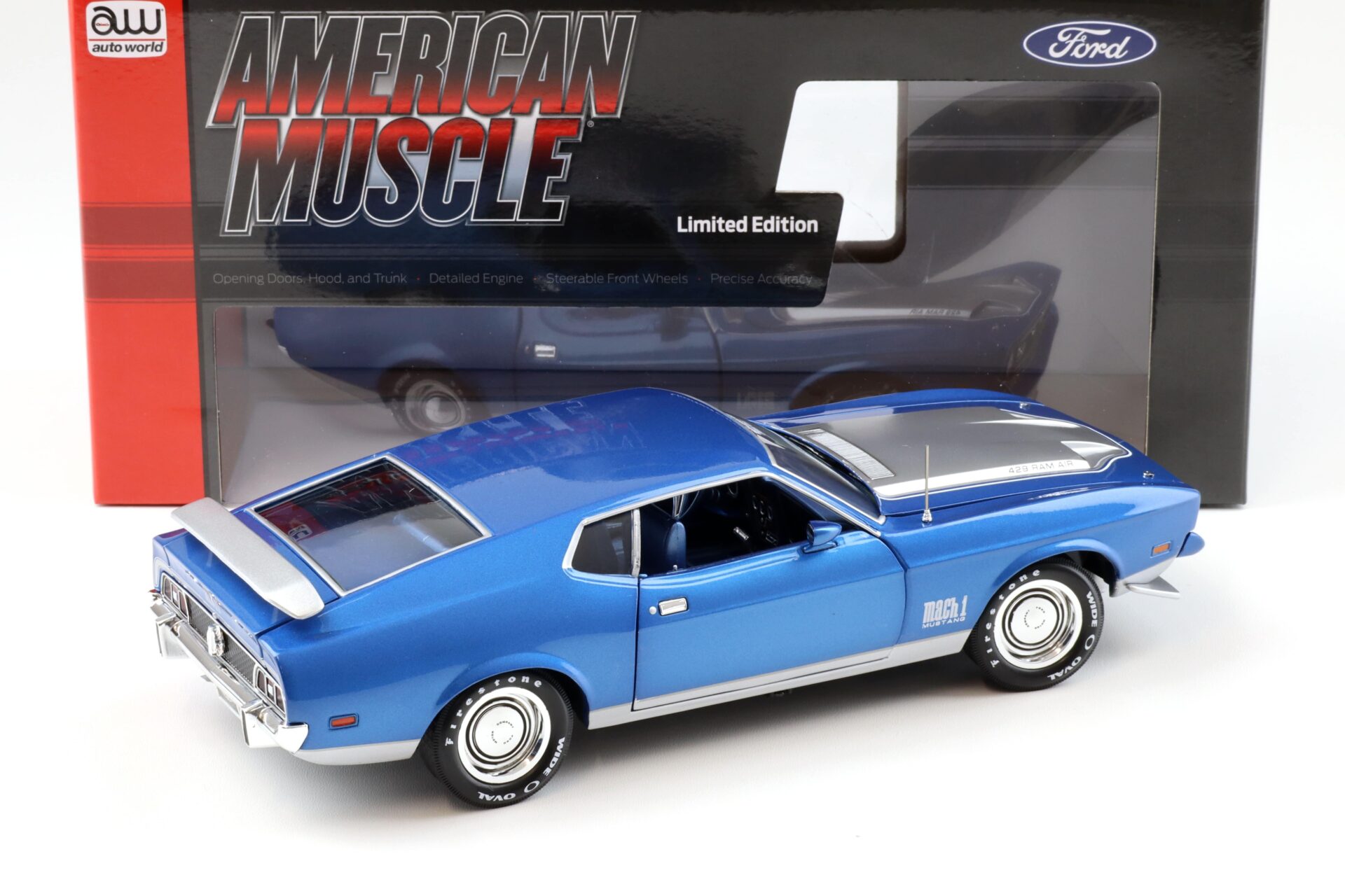 1:18 Auto World 1971 Ford Mustang Mach 1 MCACN Code Q Med Blue