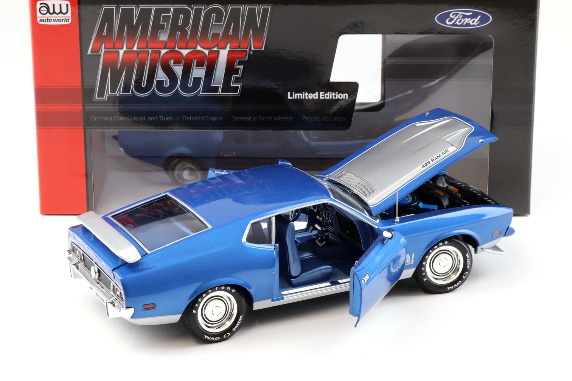 1:18 Auto World 1971 Ford Mustang Mach 1 MCACN Code Q Med Blue