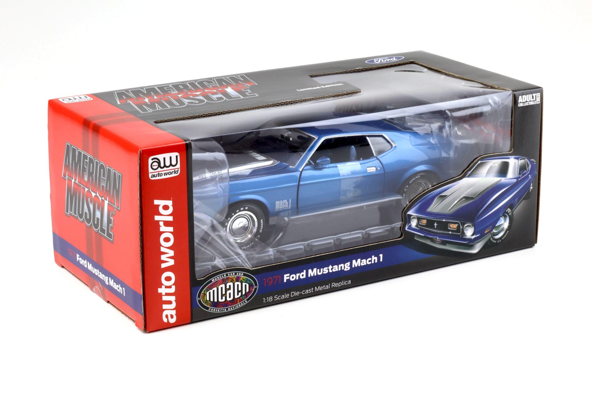 1:18 Auto World 1971 Ford Mustang Mach 1 MCACN Code Q Med Blue