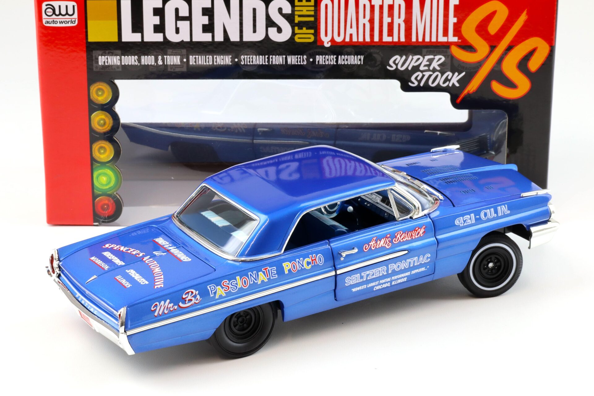 1:18 Auto World 1962 Pontiac Catalina Arnie Beswick Mr. Bs Passionate Poncho Ensign Blue