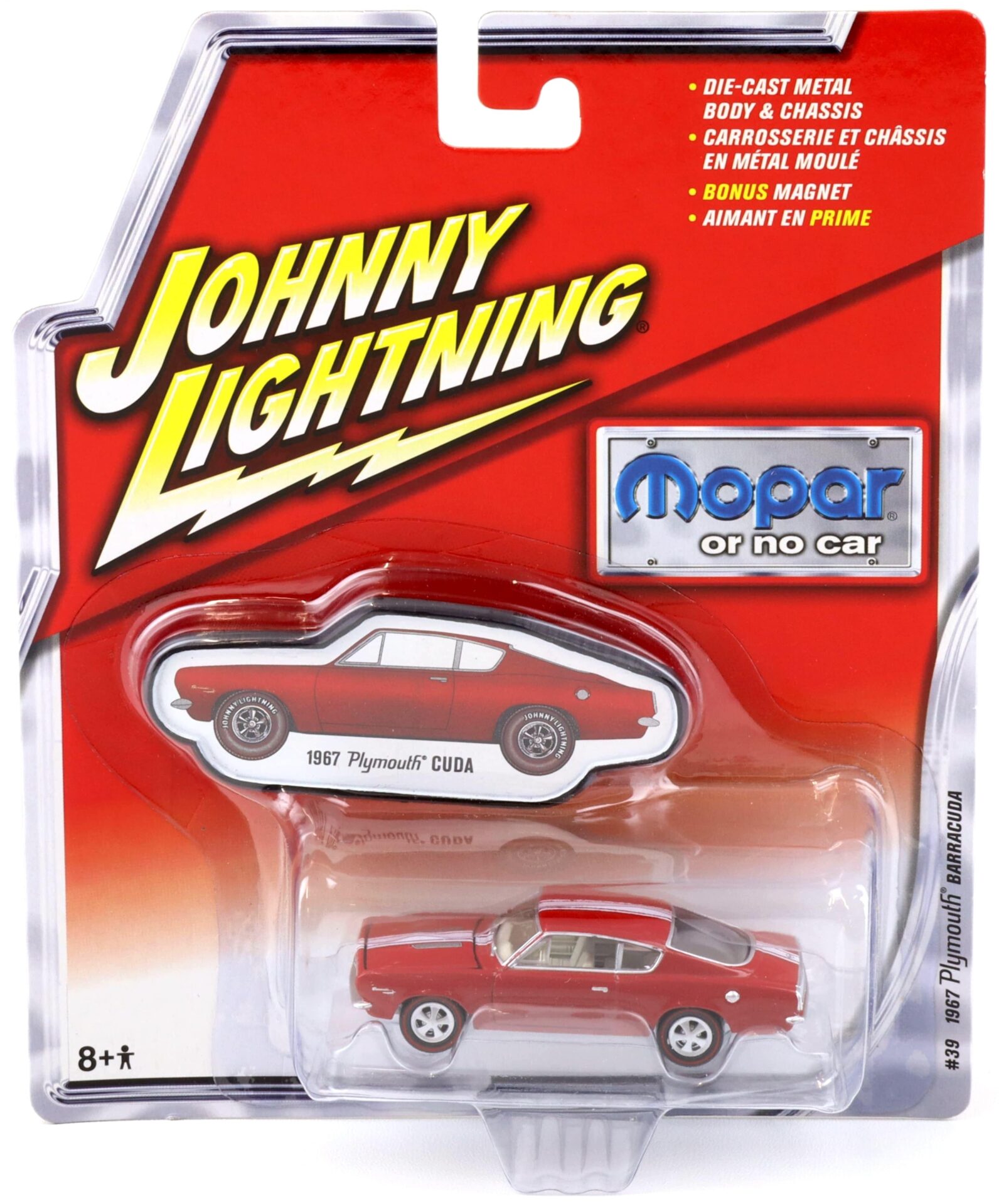 1:64 Johnny Lightning #39 MOPAR 1967 Plymouth Barracuda Cuda red/ white stripe