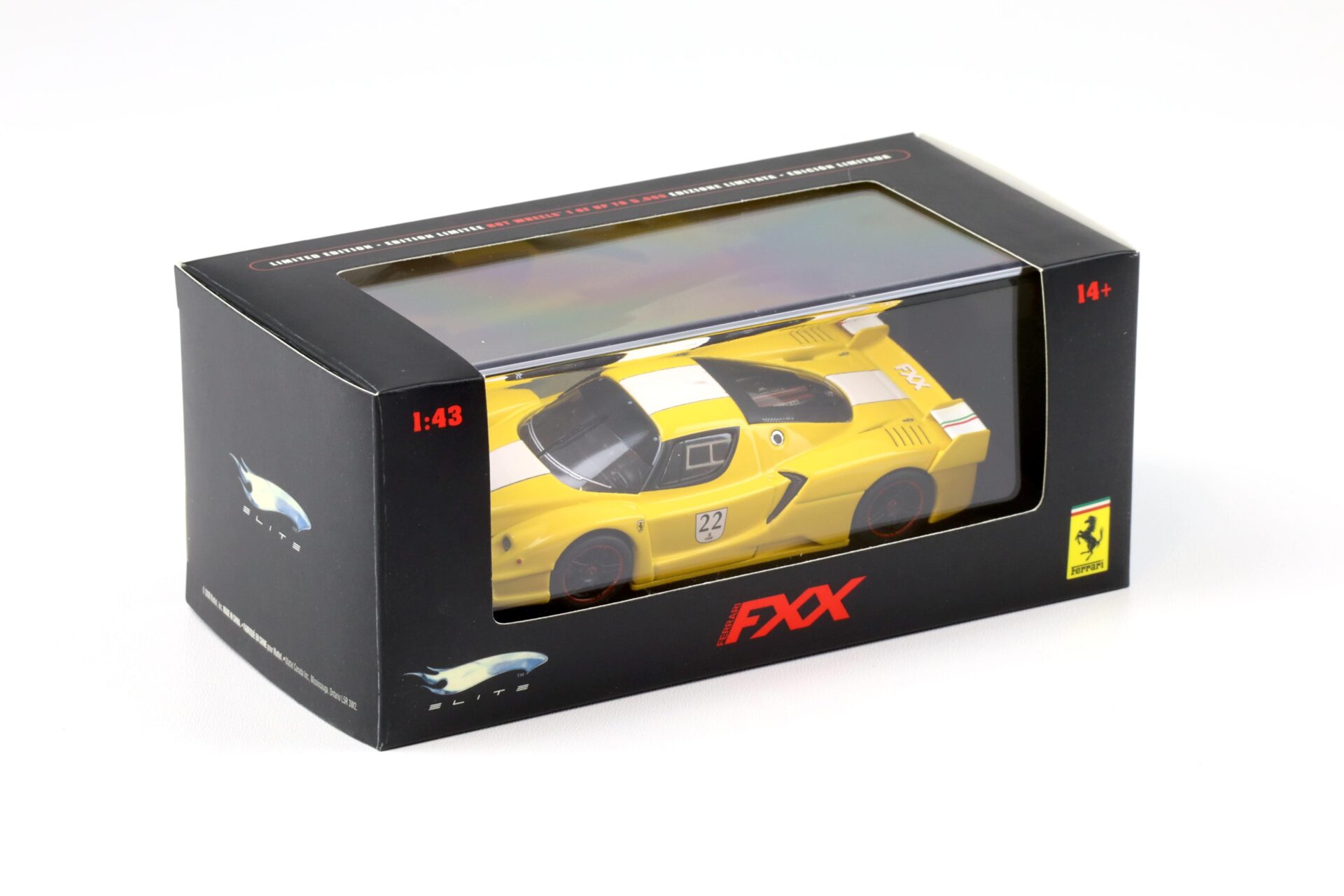 1:43 Hot Wheels Elite Ferrari FXX #22 yellow/ white stripe N5612