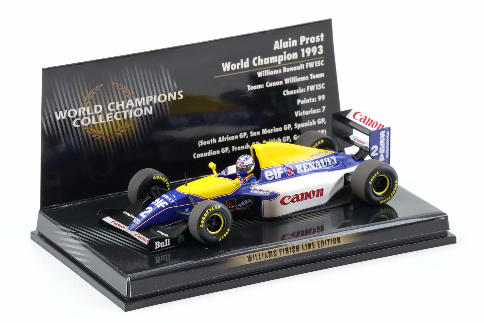 1:43 Minichamps F1 Williams Renault FW15C Alain Prost World Champion 1993 Finish Line