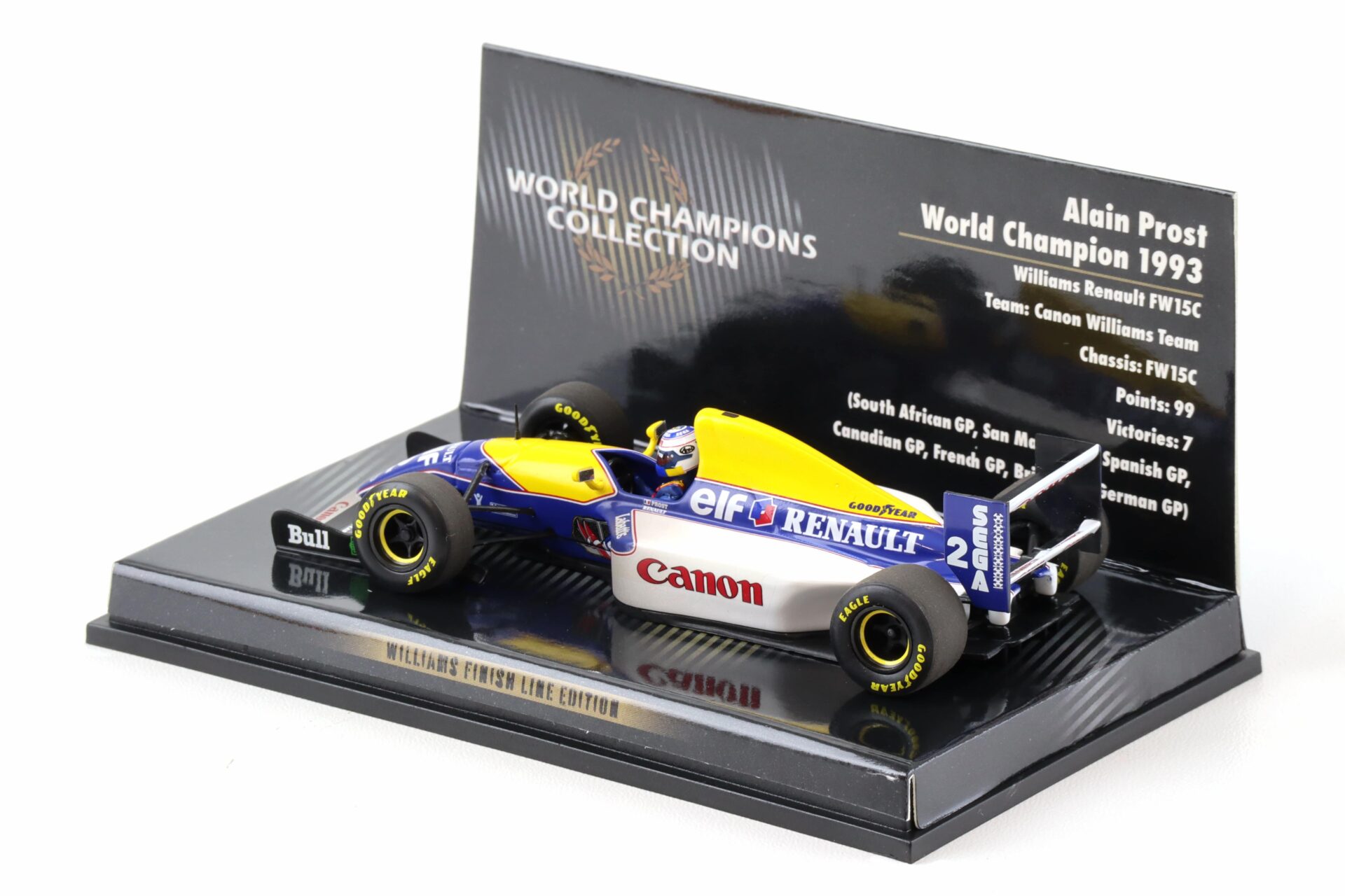 1:43 Minichamps F1 Williams Renault FW15C Alain Prost World Champion 1993 Finish Line